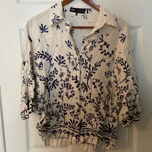 Zara Cream and Blue Pleated Button Down Shirt